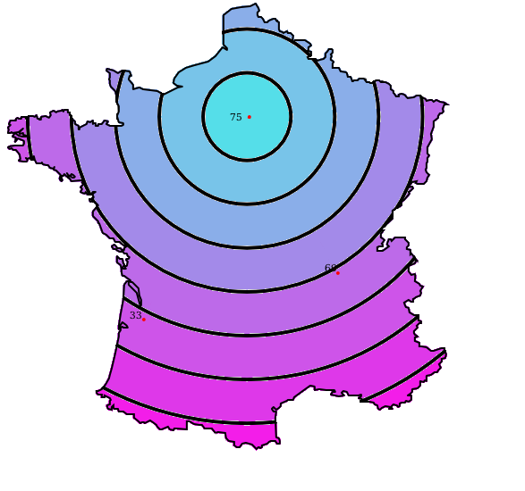exemple d'une carte de France dont le point de départ est Paris, chaque cercle noir équivaut à 1h de temps
