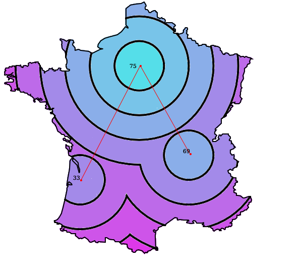 exemple d'une carte de France dont le point de départ est Paris, en tenant compte du réseau de transport TGV Paris-Lyon (2h) et Paris-Bordeaux (3h), chaque cercle noir équivaut à 1h de temps